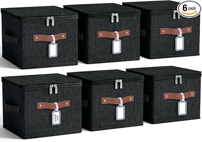 6 Pack Fabric Closet Storage Bins with Zipper Lids and Label, 15x10x10In Large Size Foldable Cotton Linen Storage Cubes Boxes with PU Leather Handles Holder for Bedroom, Shelf, Nursery, Black
