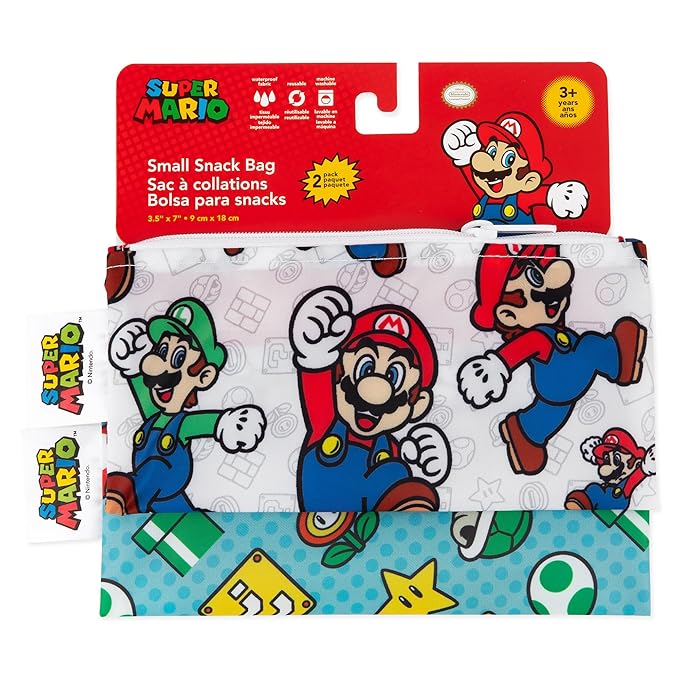 Bumkins Nintendo Reusable Snack Bags, for Kids School Lunch and for Adults Portion, Washable Fabric, Waterproof Cloth Zip Bag, Supplies Travel Pouch, Food-Safe, 2-pk Super Mario