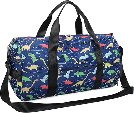CAMTOP Kids Overnight Duffel Bag for Boys and Girls Carry-On Size Tote for Travel Gym Sport (Navy Dinosaur) 18.1"L* 9.1" H* 8.7"W