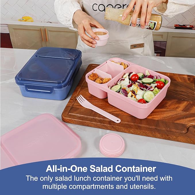 Caperci 2 Pack Salad Container for Lunch - 62 oz Large Bento Lunch Box for Adults, 2-Compartment Meal Prep Container with Removable Toppings Tray, Sauce Cup, Reusable Fork, BPA-Free (Navy & Pink)