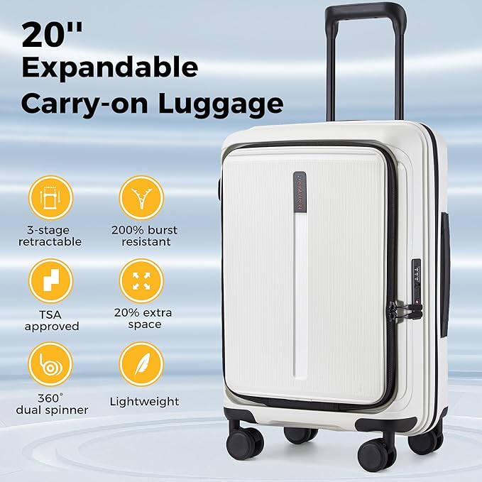20“ Expandable Carry on Luggage Front Opening, 22x14x9 Airline Approved Hardshell Spinner Suitcase with Wheels, TSA Lock, Lightweight Travel Luggage (White, 20 inch)