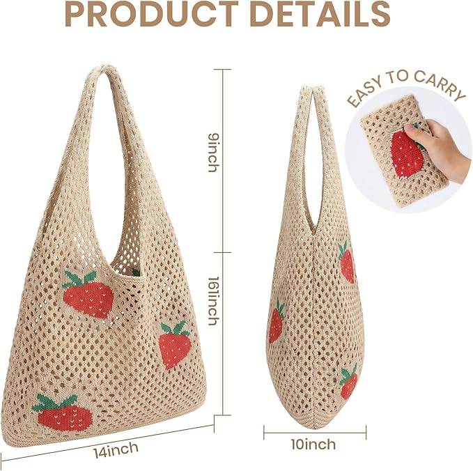 SUOSDEY Crochet Mesh Beach Tote Bag, Knit Summer Vacation Aesthetic Boho Tote Bag for Women