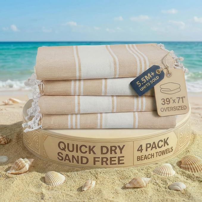 LANE LINEN Beach Towel 4 Pack, Oversized Beach Towels for Adults, Lightweight Travel Beach Towels, Pre-Washed for Soft Hand Feel, Quick Dry Beach Towels, 39"x71" - Beige