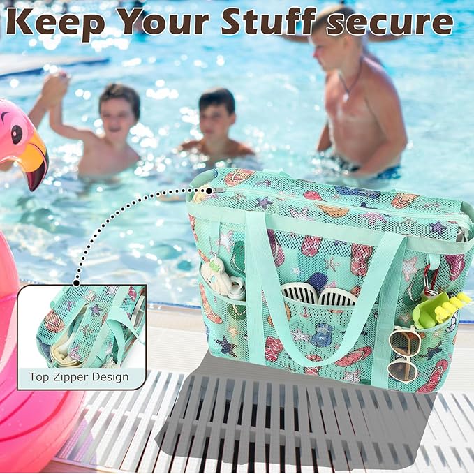 Mesh Beach Bag with Zipper, Large Beach Tote for Women, Toys Pool Swim Bag Travel Vacation Cruise Essentials