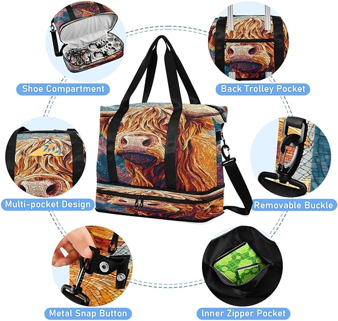 Travel Duffel Bags for Women Colorful Mosaic Cow Print Sports Duffel Bags Gym Bags with Shoes Compartment Tote Bag Weekender Bag for Travelling