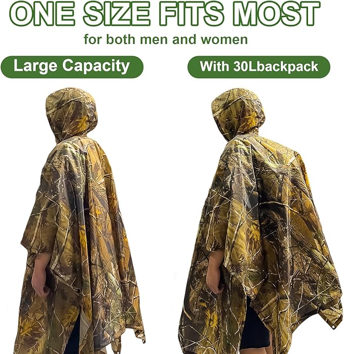 Hooded Rain Poncho for Adults - Waterproof Rain Coat and Lightweight Jacket 3-in-1 Multi-Function with Pockets