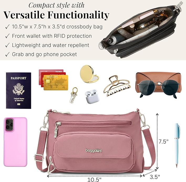 Baggallini Original Everyday 11x7.5 Crossbody Bags Rfid Protected Lightweight Nylon Zippered Travel Purse