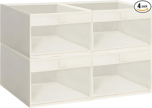 STORAGE MANIAC 4 Pack Storage Bins with Clear Window, Storage Boxes for Shelves, Sturdy Foldable Closet Organization Fabric Shelf Basket for Toy, Towel, Book, Jeans, Offices, Dorm, Wardrobe, Beige