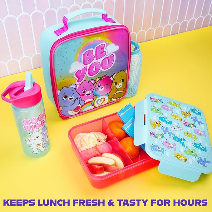 Get Trend Care Bears Lunch Bag, Lunch Box, Water Bottle for Kids 3 Piece Set Bento Box, Insulated Snack Container, Meal Holder Gifts for Kids (Multi Care Bears)