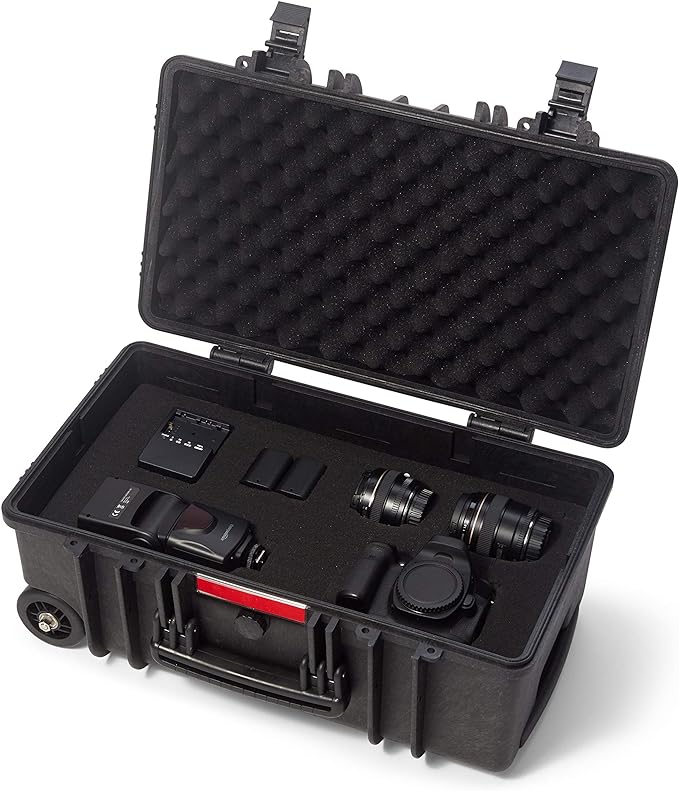Amazon Basics Hard Camera Case with Wheels, Large, Black, Solid, 22"L x 14"W x 9.8"H