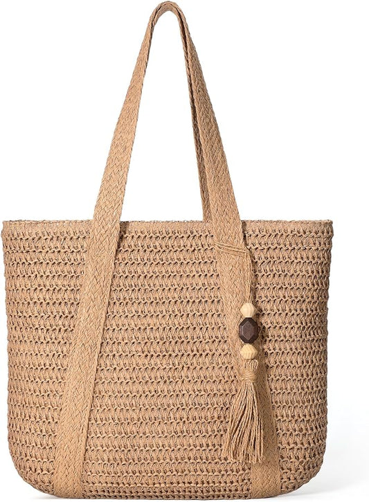 Pleneal Straw Beach Bags for Women - Women Beach Handmade Woven Tote Bag, Summer Mesh Hollow Shoulder Bag for Holiday