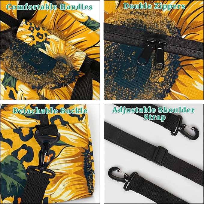 Leopard Yellow Sunflower Gym Travel Duffle Bag for Women & Men with Front Zipper Pocket for Sports, Overnight, Weekender, Carry On,Workout & Dance Bag,Yellow Flower Floral,18.9 * 8.7 * 10.6 in