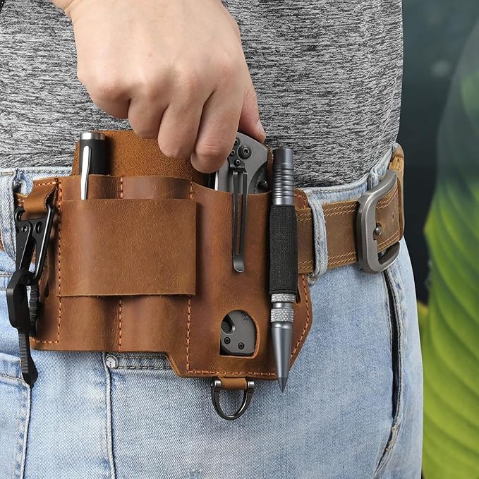 Jack&Chris Leather EDC Multitool Sheath for Belt, EDC Belt Organizer for Leatherman Tools, EDC Pocket Organizer for Men with Pen Holder, Key Fob, Flashlight Sheath