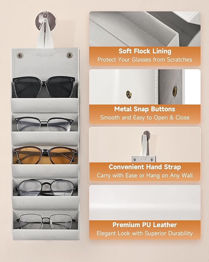 CO-Z Travel Sunglasses Organizer, Foldable Travel Sunglass Case with 5 Slots for Multiple Pairs, Portable Eyeglasses Holder
