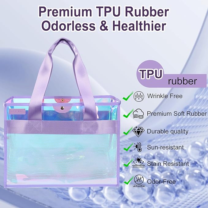 2-Piece 26L Iridescent Beach Bags for Women,Purple Beach Tote Bag & Pink Clear Tote Bag, Large Waterproof Beach Bags for Family Summer Travel Essentials