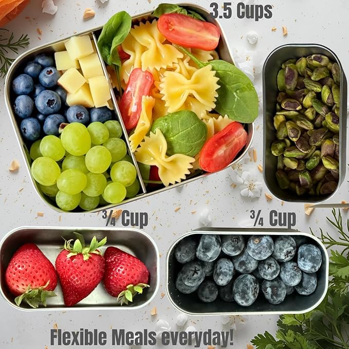 Leak Proof Stainless Steel Lunch Box Containers, Stainless Steel Bento Box, Metal Lunch Box, Sandwich and Snack Containers, SIlicone Lids, Korean Style,Small Vanilla (1 x 27oz + 2 x 6.5 OZ)