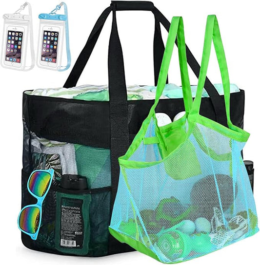 Mesh Beach Bag [Family Set] Extra Large Beach Tote Bag with Zipper Foldable Beach Toy Bag For Sand Toys & Women Vacation Essentials