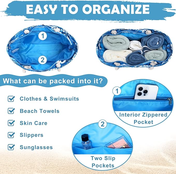 Kasqo Beach Bags for Women, Large Waterproof Beach Bag Tote Zipper Swim Pool Bag with Small Pouch for Grocery Travel Vacation