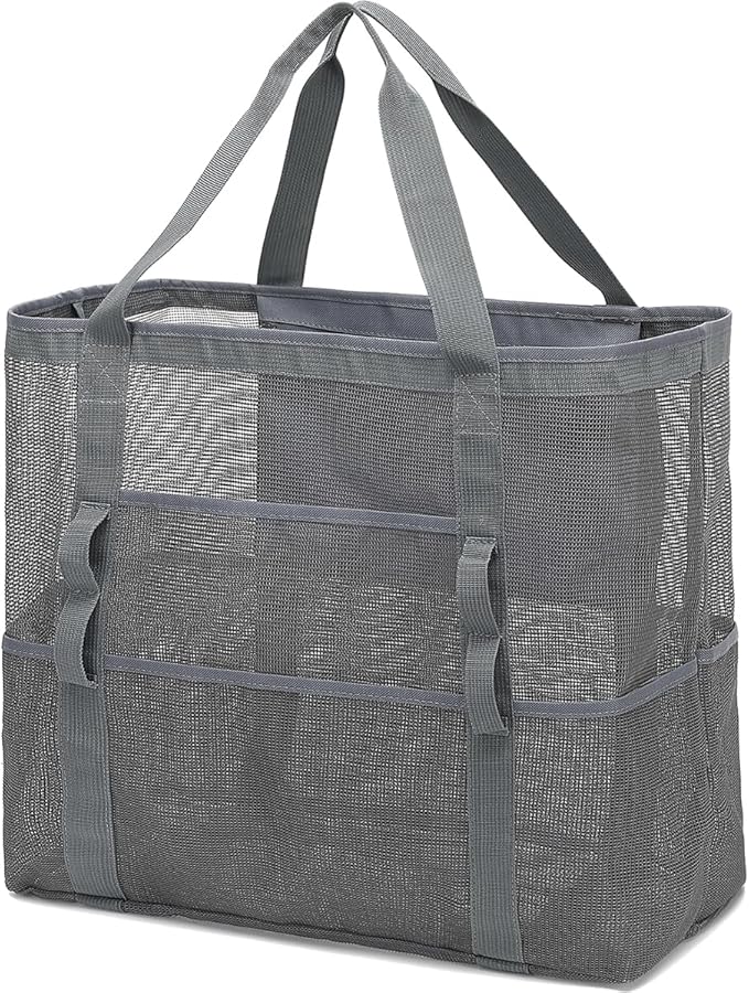 Mesh Beach Bag, Large Beach Tote with Zipper Pocket, Toys Pool Bag for Family Travel Vacation Cruise Essentials