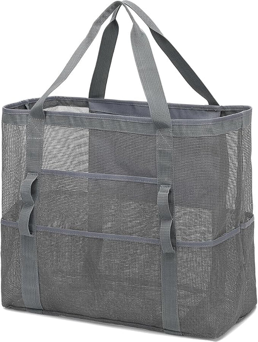 Mesh Beach Bag, Large Beach Tote with Zipper Pocket, Toys Pool Bag for Family Travel Vacation Cruise Essentials