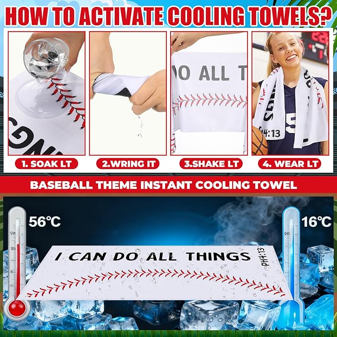 12 Pcs Baseball Cooling Towel Baseball Team Gifts Favors for Player Bible Verse I Can Do All Things Workout Sweat Rags for Neck and Face Sport Towel for Gym, Camping, Outdoor Sport Gear