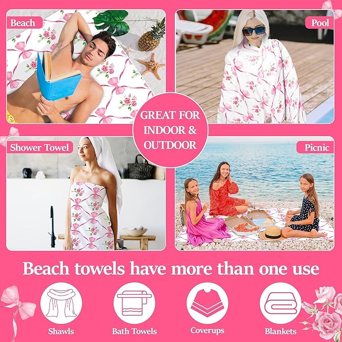 Pink Bow Oversized Beach Towel - Flower Double-sided Thin Microfiber Lightweight Pool Towel 71"x35" Quick Dry Towel Sand Free Blanket for Bath Sport Travel Beach Swimming Camping for Girl Women