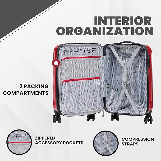 Spyder Rails Expandable Hardside Upright Suitcase with 360° Spinner Wheels, TSA Approved Lock (Red, Carry-On)