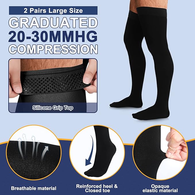 Zhanmai 2 Pairs Thigh High Men's Compression Socks 20-30 Mmhg Compression Stocking with Silicone Grip Men's Dress Socks (Large)