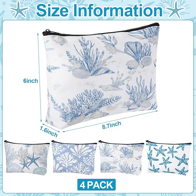 4 Pack Coastal Cosmetic Bags Beach Themed Gifts Starfish Seashell Conch Coral Makeup Pouches Zippered Travel Toiletry Bags for Women Beach Summer Trip Organizer Set(Fresh)