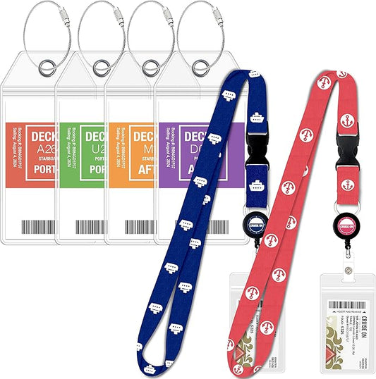 Carnival Cruise Luggage Tag Holders (4 Pack) & Lanyards (2 Pack), Large, Clear & Waterproof, Cruise Essentials 2026-2027 for Ship Cards & Baggage – Durable Travel Accessories (Blue & Pink)