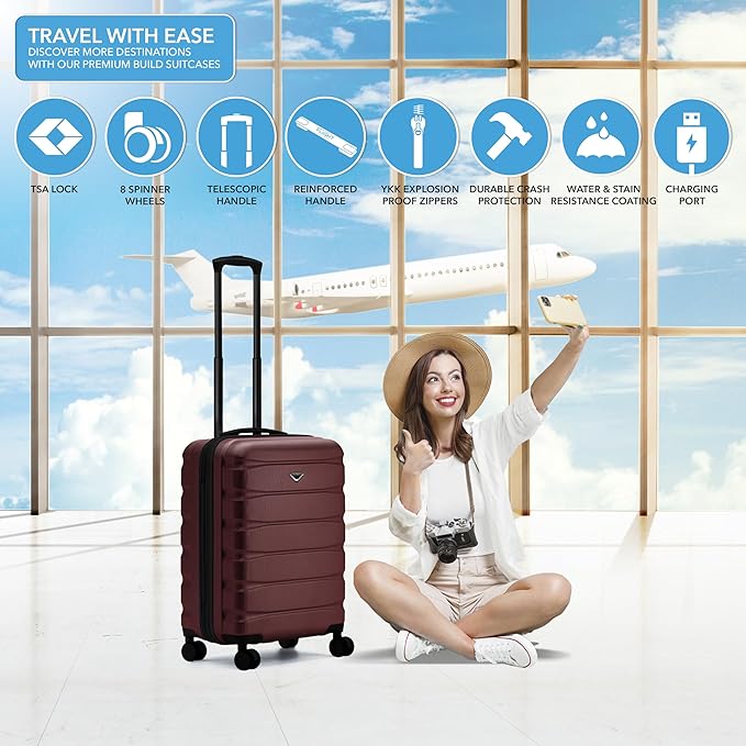 Flight Knight 24x16x10 Expandable Carry On Suitcase Hardside TSA Lock USB C Lightweight Luggage Silent Double Spinner Wheels Maximum Overhead Carry-On Bag For Virgin South West Approved Burgundy