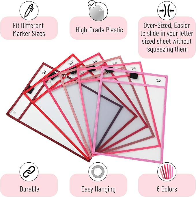 Mr. Pen- Dry Erase Pocket Sleeves, 6 Pack, 10"x14", Pink Shades Color Theme, Dry Erase Pockets Reusable Sleeves, Job Ticket Holders with Marker Holder & Metal Eyelet