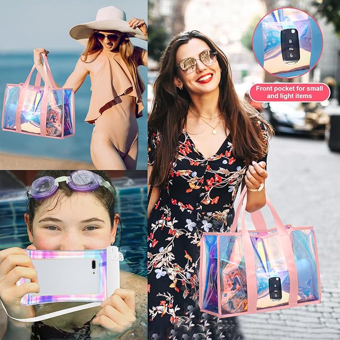 3 Pcs Waterproof Beach Bags Women Clear Iridescent Tote Bag Cosmetic Pouch for Phone Travel Beach Pool Essentials
