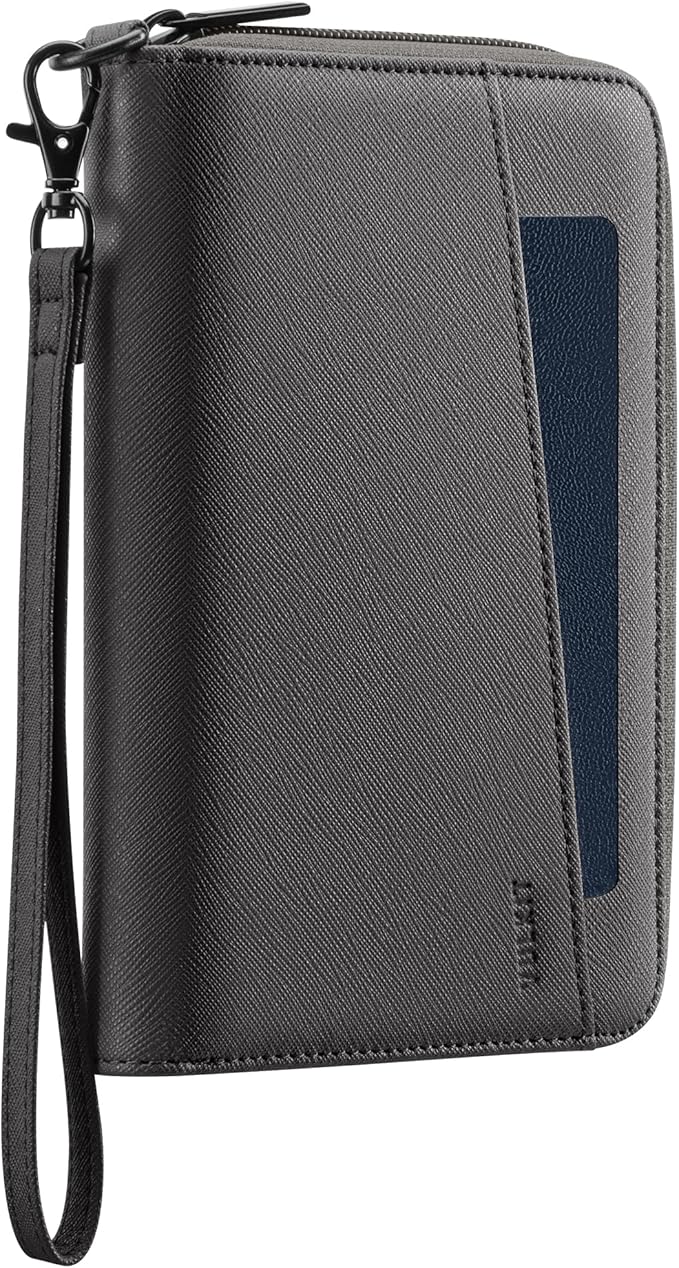 VULKIT Leather Passport Wallet RFID Blocking with Wrist Strap, Travel Document Organizer - 6 Credit Card Slots, 2 Interior + 2 Exterior Passport Slots, 2 ID Windows, Zipper Closure, Grey