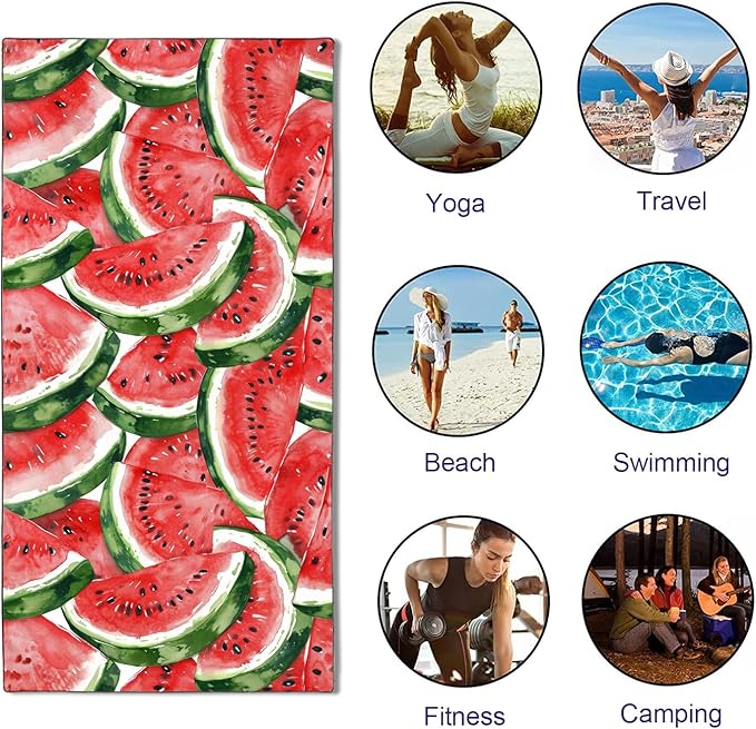 Watermelons Pattern Beach Towel Extra Large 36" x 72", Thin Lightweight Microfiber Towels with Fruit Design, Sand Free and Quick Dry, Compact Bag
