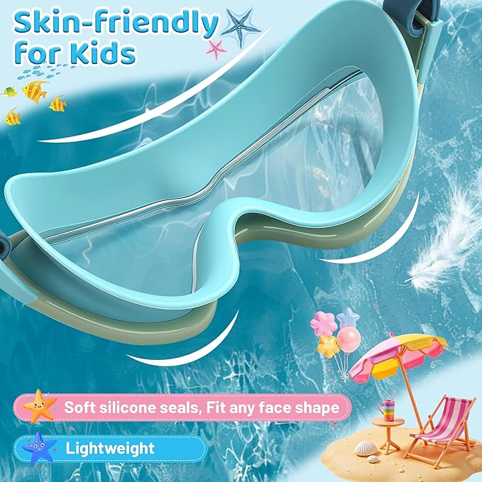 Kids Swim Goggles for Kids 6-14, Anti-Fog & UV400 Lens, Comfortable Silicone Design, Includes Nose Clip & Earplugs