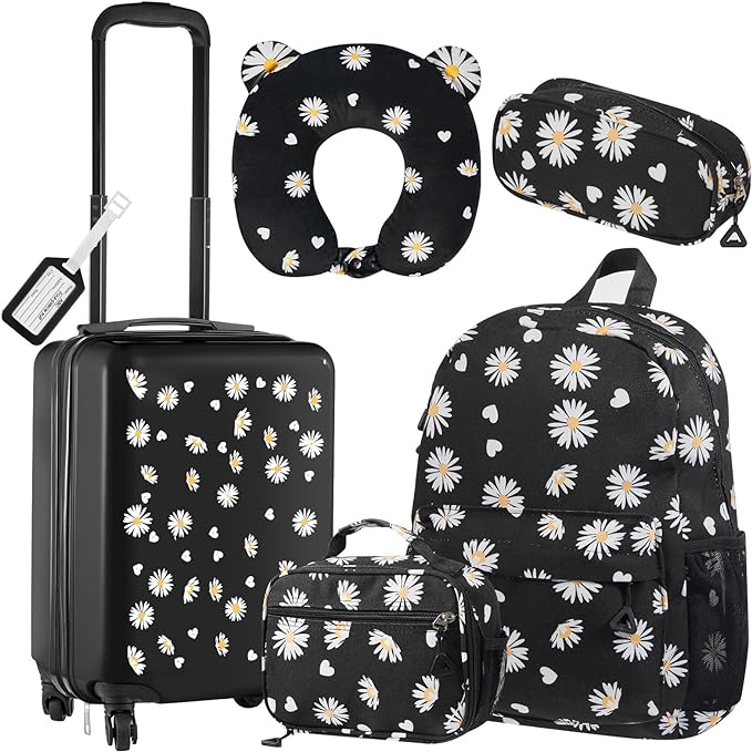 Redbaker 17 Inch 6 Pcs Kids Luggage Set Kids Rolling Luggage Double Pattern Suitcase for Boys Girls (Black, Daisy Style)