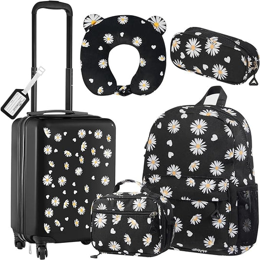 Redbaker 17 Inch 6 Pcs Kids Luggage Set Kids Rolling Luggage Double Pattern Suitcase for Boys Girls (Black, Daisy Style)
