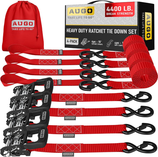 AUGO Heavy Duty Ratchet Straps & Soft Loops – Pack of 4 Extra Strong 1.5” by 15’ Ratchet Straps w/S-Hook Safety Latches & 4 Soft Loop Tie Downs – 4400Lb Break Strength for Motorcycles, ATVs, Etc.
