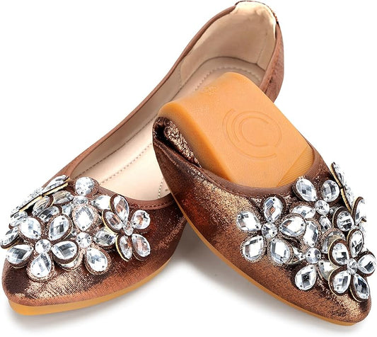 KUNWFNIX Women Ballet Flats Rhinestone Wedding Ballerina Shoes Foldable Sparkly Comfort Slip on Flat Shoes