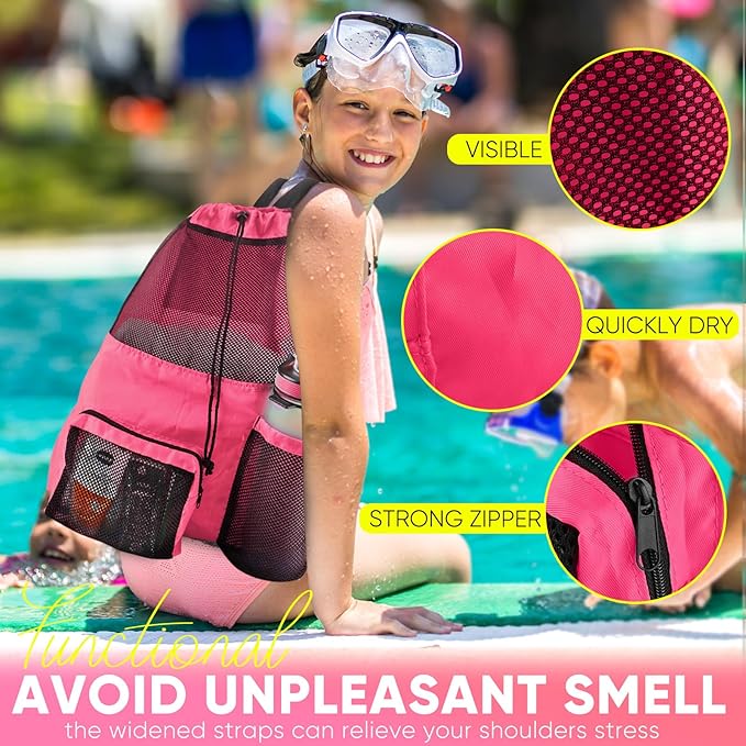 Swim Mesh Beach Bag, Waterproof Gym Bags for Women and Men, Large Pool Bag Swimming Gear Drawstring Backpack