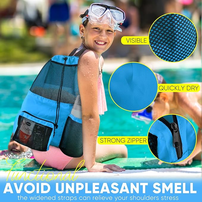 Swim Mesh Beach Bag, Waterproof Gym Bags for Women and Men, Large Pool Bag Swimming Gear Drawstring Backpack