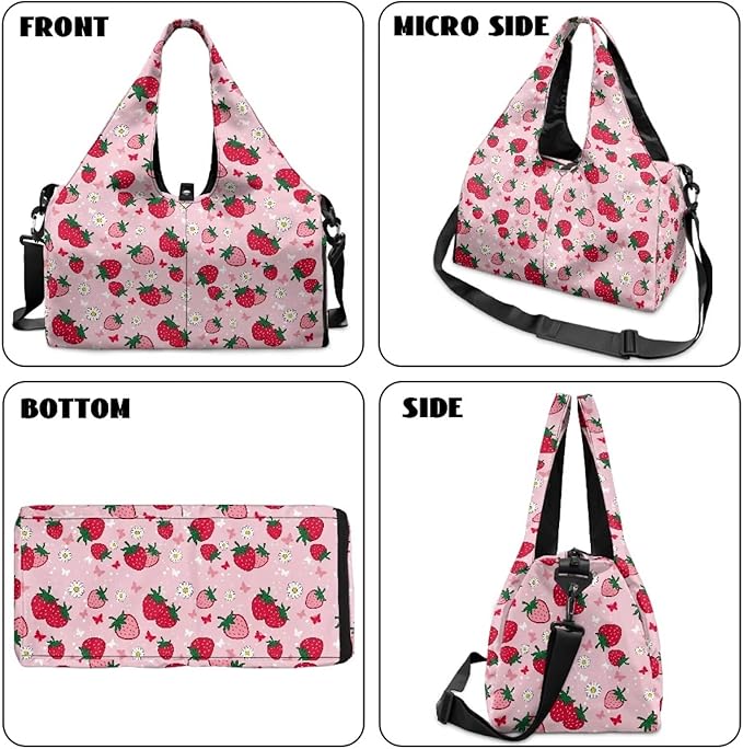 Strawberry Butterfly Flower Gym Bag for Women with Shoe Compartment Ladies Fashion Mini Travel Duffle Bag Lightweight for Overnight Weekender Yoga Swim Dance Short Trip, Pink