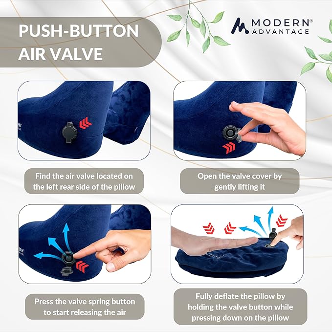 Modern Advantage Inflatable Travel Pillow for Airplanes with Comfort Hood, Adjustable Neck Support, Lightweight & Compact Flight Pillow for Sleeping on Long Flights & Travel (Blue)