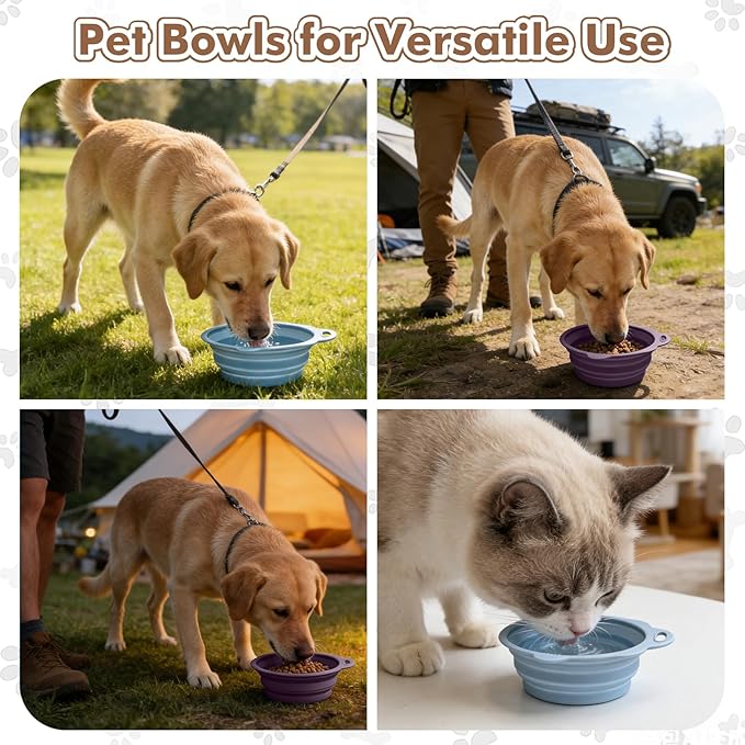 Collapsible Dog Bowls 2 Pack, Silicone Dog Bowl for Small Dogs, Dog Travel Bowl with a Lanyard Hole, Puppy Bowls for Water and Food, Travel Pet Bowls Blue & Purple, 11.3oz × 2