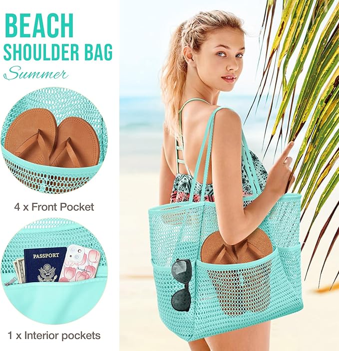 KPX Beach Bag with Mini Pocket, Beach Tote Bags for Women Large Foldable Mesh Swimming Pool Travel Bags - Sandproof