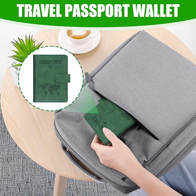 2 Colors Leather Passport Holder for Travel, RFID Blocking Passport Covers with Card and Boarding Pass Slot, Travel Document Holder Essentials for Men, Women (Brown, Dark Green)