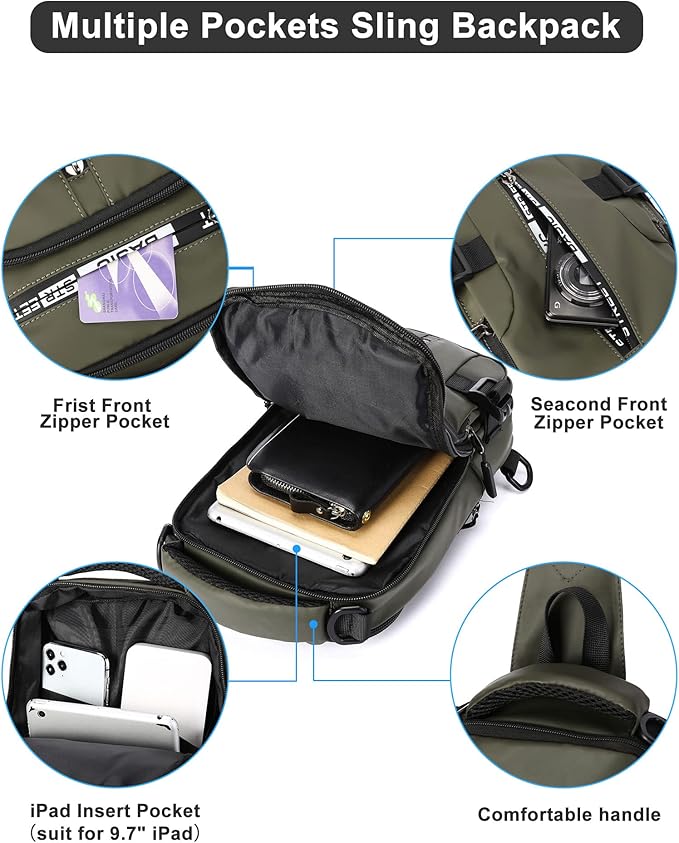 SEAFEW Small Sling Crossbody Backpack Shoulder Bag for Men, Lightweight One Strap Backpack Sling BacK pack for Hiking Walking Biking Travel Cycling USB Charger Port-Nylon (Olive Green)