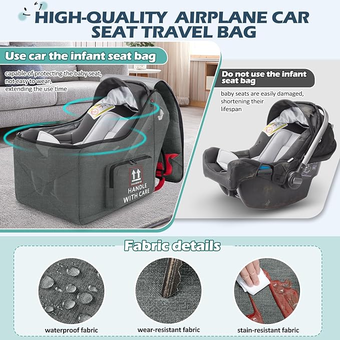 RAINSMORE Infant Car Seat Travel Bag for Airplane Compatible with All Nuna Pipa Car Seat and Base Chicco KeyFit 30 and Base Padded Car Seat Backpack for Travel Carseat Gate Check Bag with Side Pocket