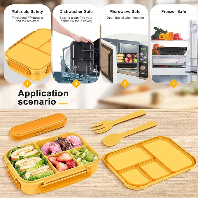 Lunch Box Kids,Bento Box Adult,Leakproof Lunch Containers for Adults/Kids/Toddler,1200ML-4 Compartments bento Lunch box with Utensil,Microwave & Dishwasher & Freezer Safe (Yellow)